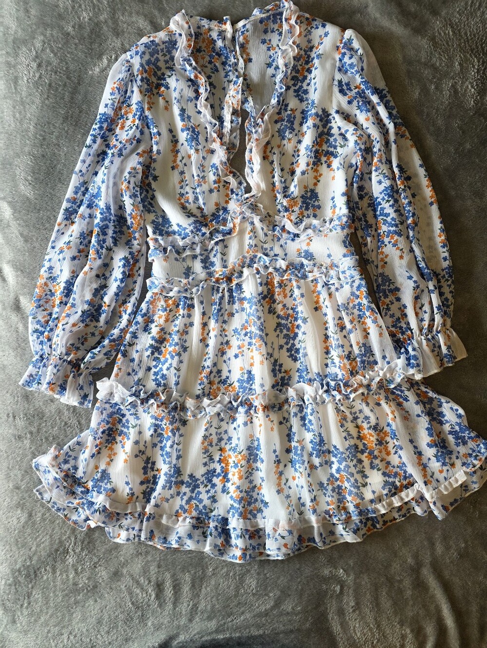 White Blue Floral Chiffon Open Back Ruffle Boho Cottagecore Mini Dress Small